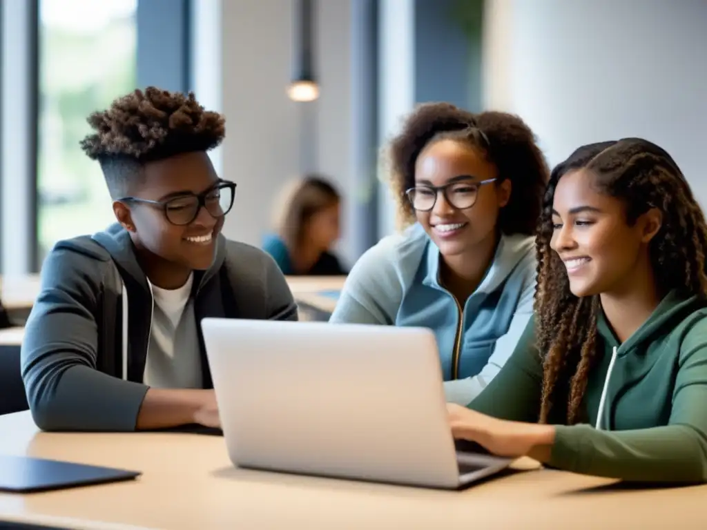 Un grupo de estudiantes colabora y aprende activamente en un moderno salón de clases, utilizando software de edición de video escolar en sus laptops