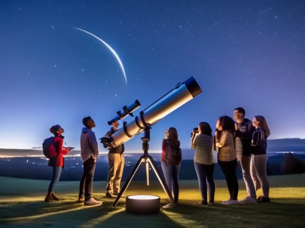 Un grupo de estudiantes y un profesor emocionados observando el cielo nocturno a través de un telescopio digital