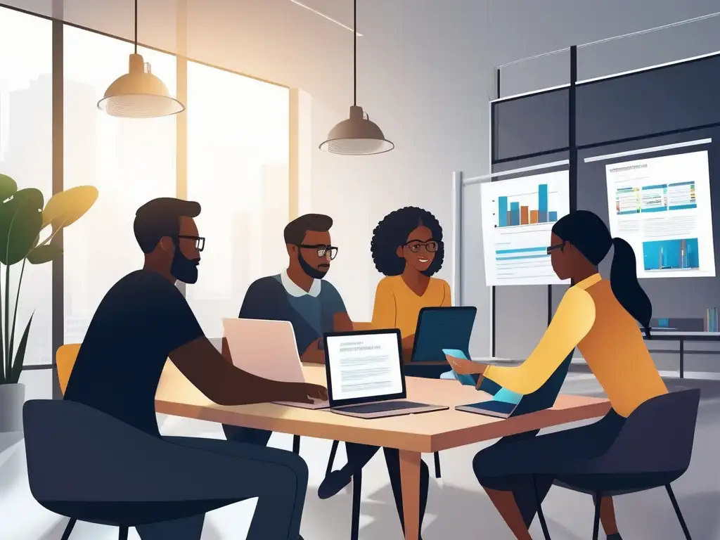 Aula moderna: estudiantes colaborando con software de gestión de proyectos Un grupo de estudiantes diversos colabora en un proyecto escolar, utilizando software de gestión de proyectos