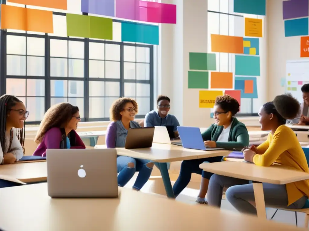 Un grupo de estudiantes diversos colabora en proyectos digitales en un aula moderna y luminosa