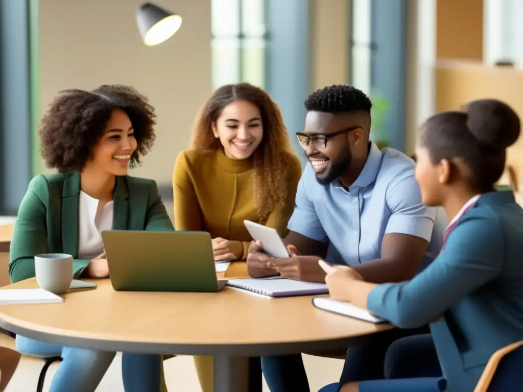 Un grupo de estudiantes diversos, sentados alrededor de una mesa circular, usando Herramientas colaborativas en línea