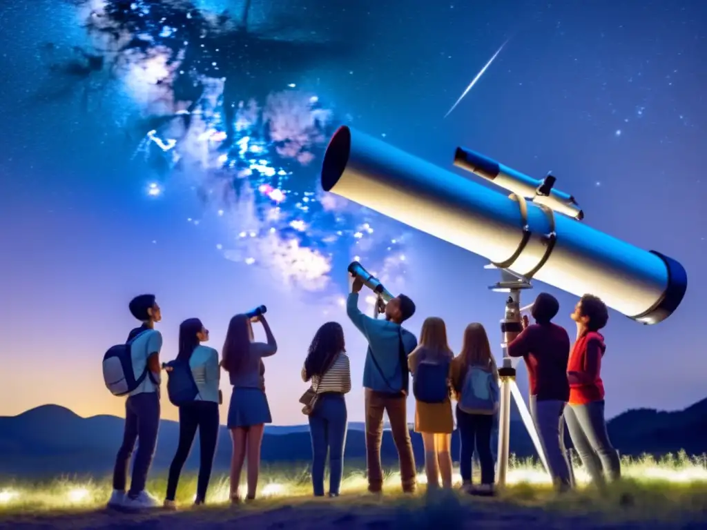 Un grupo de estudiantes se reúne alrededor de un telescopio, explorando el cosmos juntos en una noche estrellada