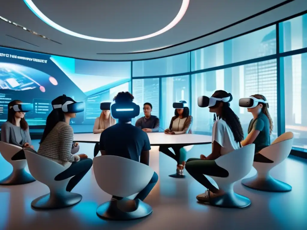 Revolutionary education: Estudiantes inmersos en aulas virtuales de realidad aumentada Un grupo de estudiantes diversos utiliza visores de realidad virtual en un aula futurista, con pantallas holográficas y contenido digital