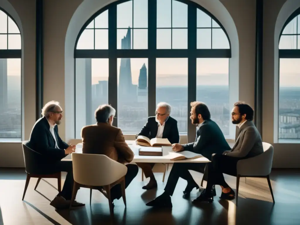 Un grupo de filósofos influyentes en Europa debatiendo en una sala luminosa, rodeados de libros y papeles, con una vista impresionante de la ciudad