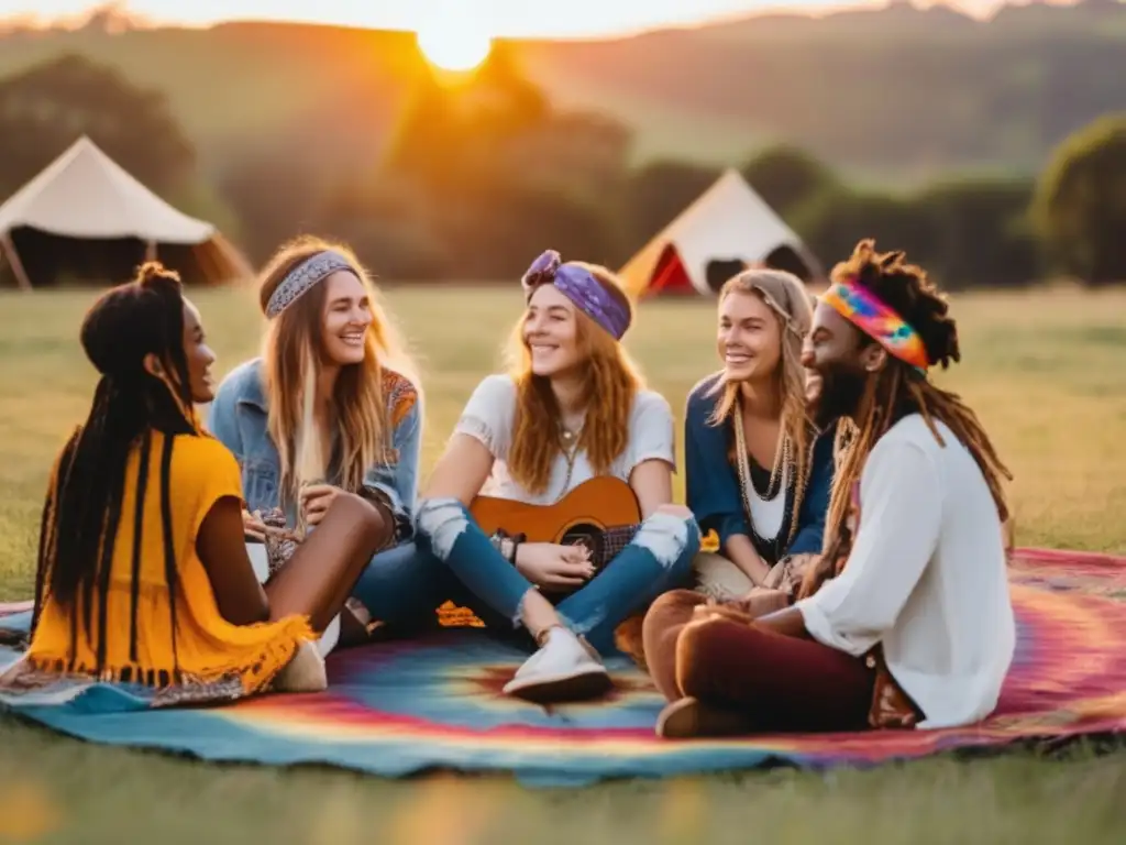 Un grupo de jóvenes en un campo rodeados de tapices de colores y símbolos de paz