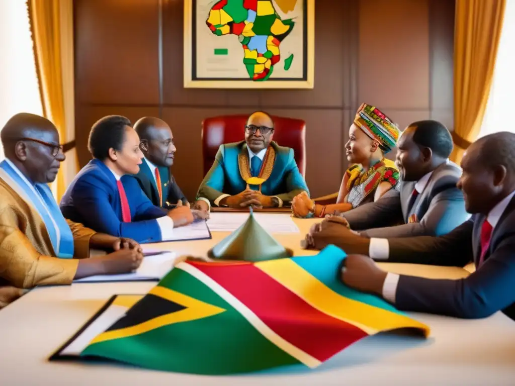 Un grupo de líderes africanos se reúne para discutir el proceso de descolonización de África y Asia, rodeados de mapas, banderas y documentos