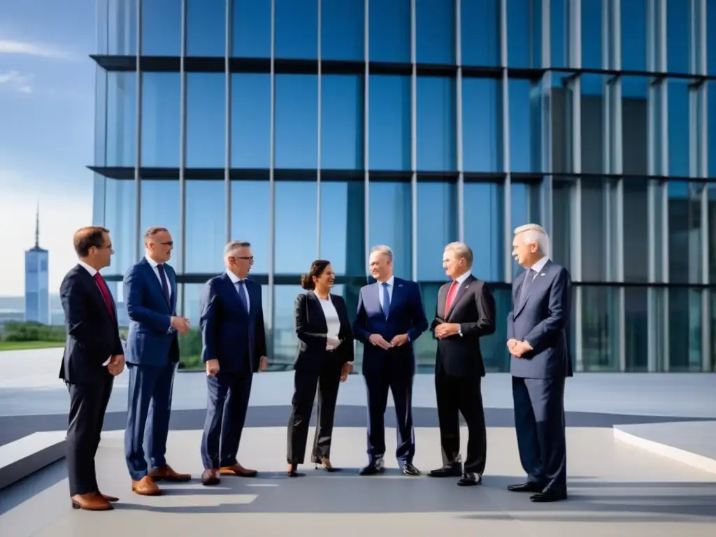 Un grupo de líderes mundiales de la OTAN conversando frente a un edificio de cristal, destacando la importancia histórica de la OTAN