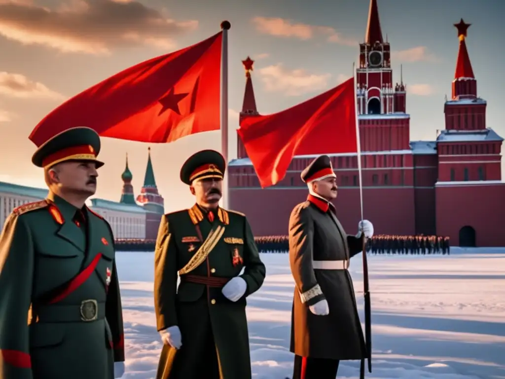 Un grupo de líderes soviéticos serios frente al Kremlin, con una bandera roja ondeando