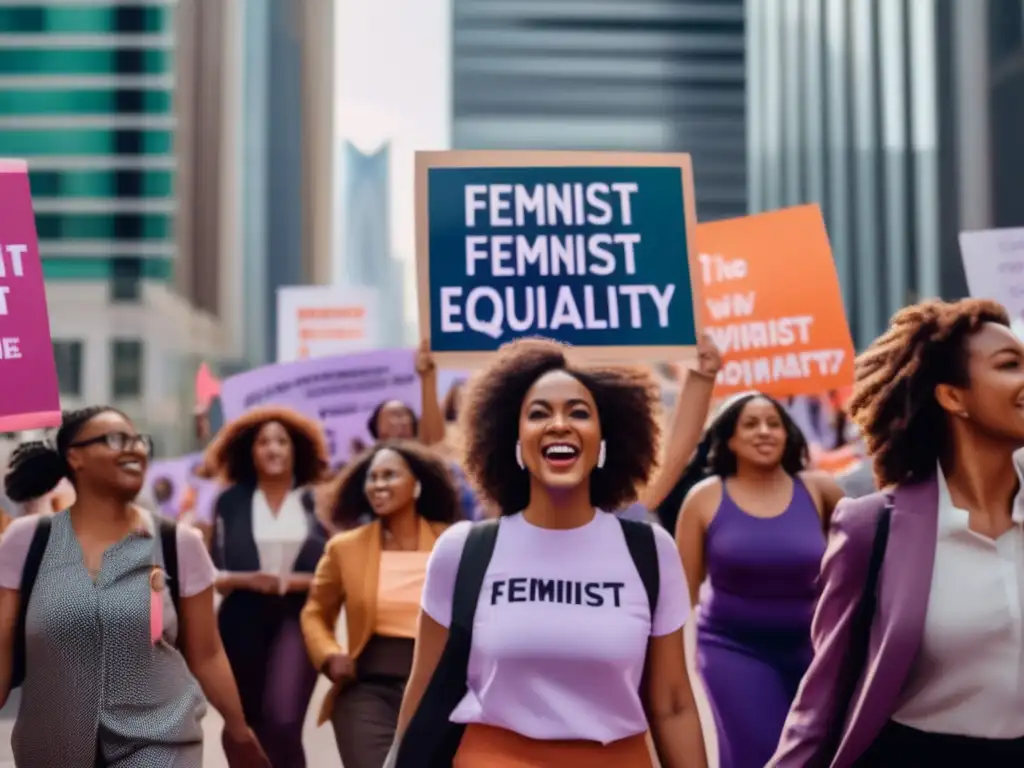 Un grupo de mujeres diversas y empoderadas marcha por la calle de la ciudad, sosteniendo pancartas y carteles con consignas feministas