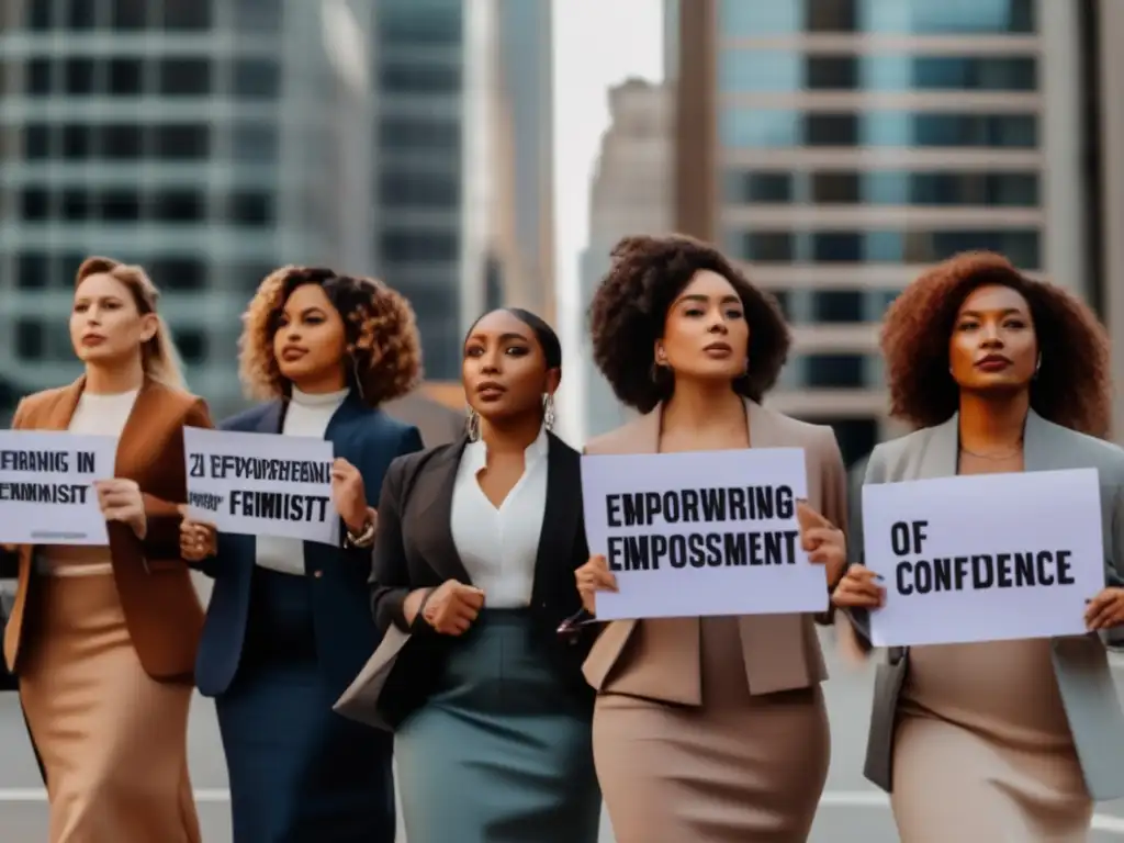 Un grupo de mujeres diversas de pie en la ciudad, con carteles feministas