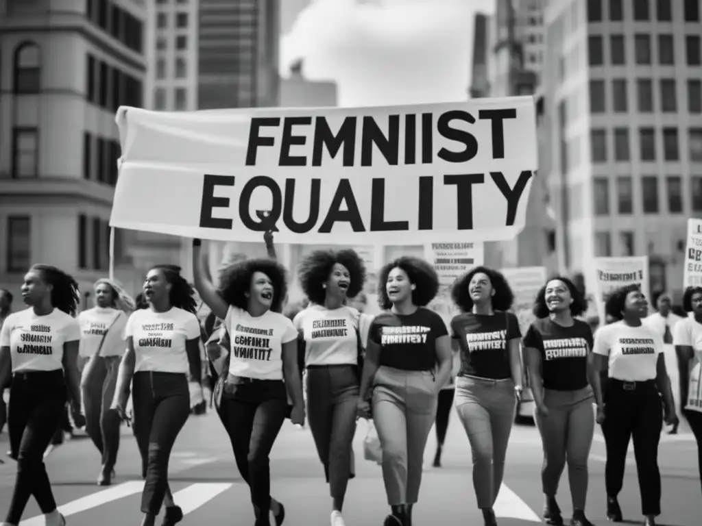 Un grupo de mujeres marcha con determinación en una manifestación, llevando pancartas y camisetas con lemas feministas