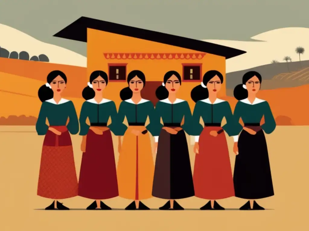 Un grupo de mujeres vestidas con trajes tradicionales españoles, con una actitud fuerte y determinada, en un paisaje moderno