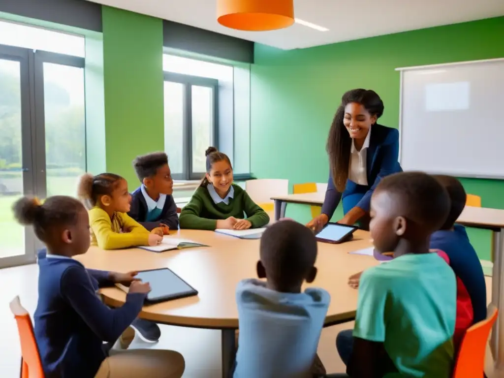 Un grupo de niños y adolescentes diversos se sientan alrededor de una mesa circular, concentrados en sus estudios