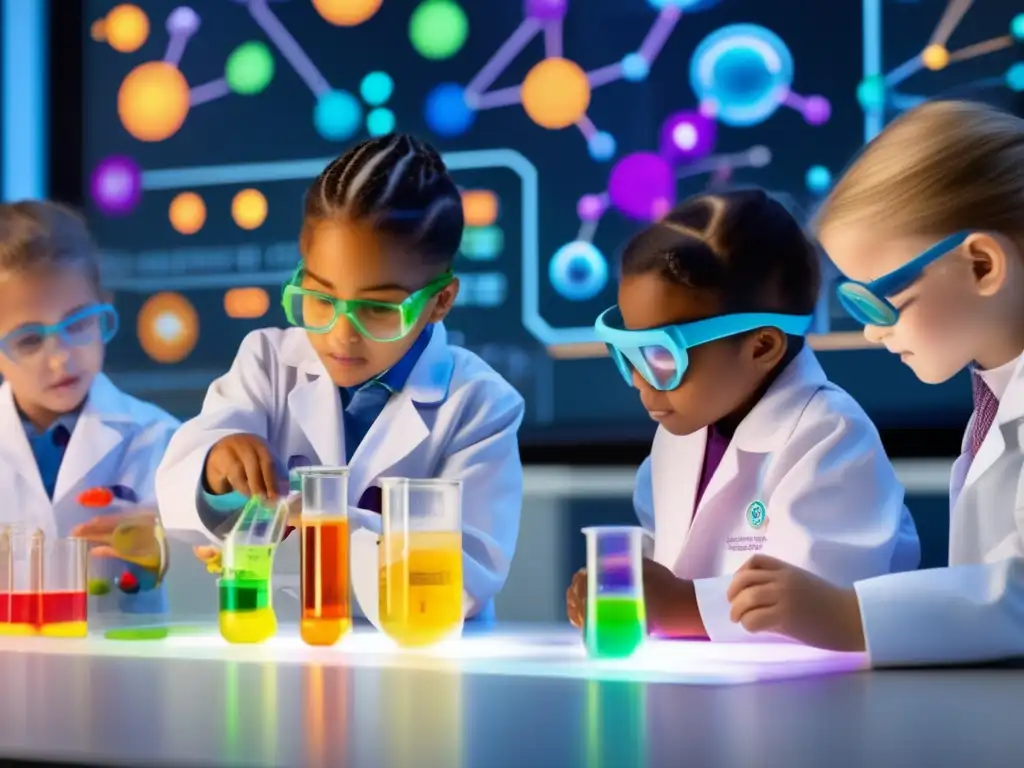 Un grupo de niños en un emocionante experimento científico, descubriendo los beneficios de la neurociencia infantil en un aula moderna y colorida