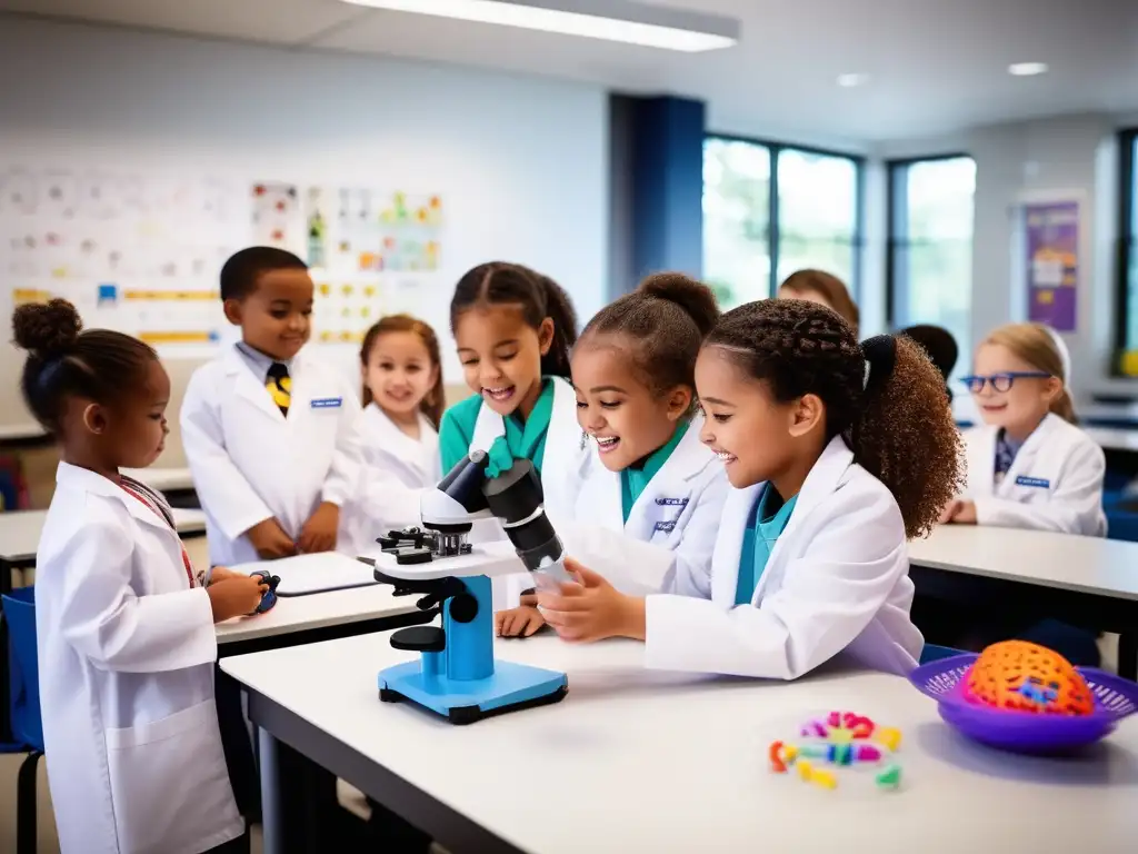 Un grupo de niños entusiastas en un aula moderna, vistiendo batas blancas, exploran modelos cerebrales y microscopios