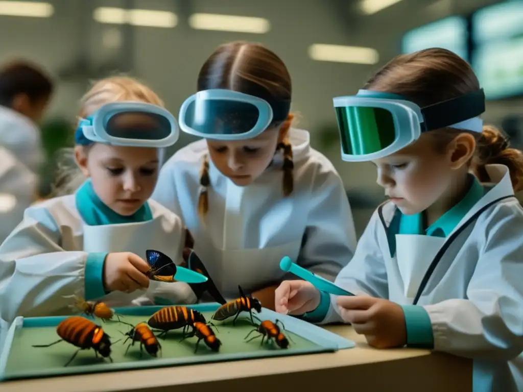 Un grupo de niños entusiastas explora el fascinante mundo de los insectos en un moderno laboratorio equipado con microscopios y especímenes