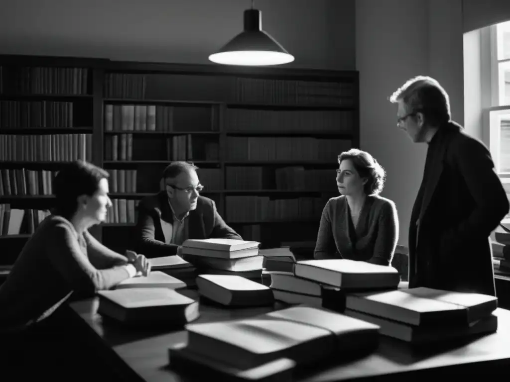 Un grupo de personas discute apasionadamente en una habitación llena de libros