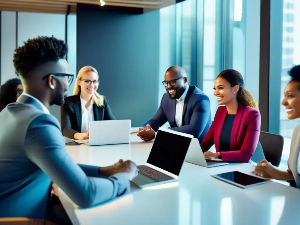 Un grupo de profesionales diversos se reúne en una sala luminosa con una mesa de conferencias moderna