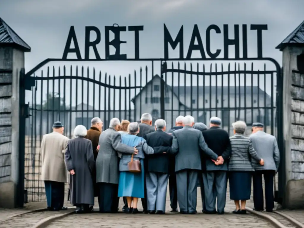 Un grupo de sobrevivientes del Holocausto frente a la puerta de un campo de concentración, con expresiones de dolor, resiliencia y esperanza