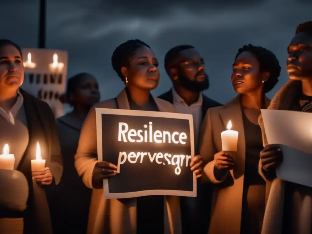 Un grupo unido en una vigilia a la luz de las velas, mostrando mensajes de esperanza