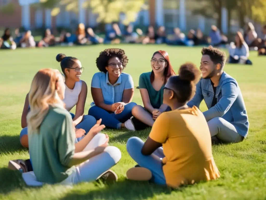 Un grupo vibrante y diverso de estudiantes, de diferentes edades y orígenes, sentados en círculo en un campo de césped bajo un cielo azul claro