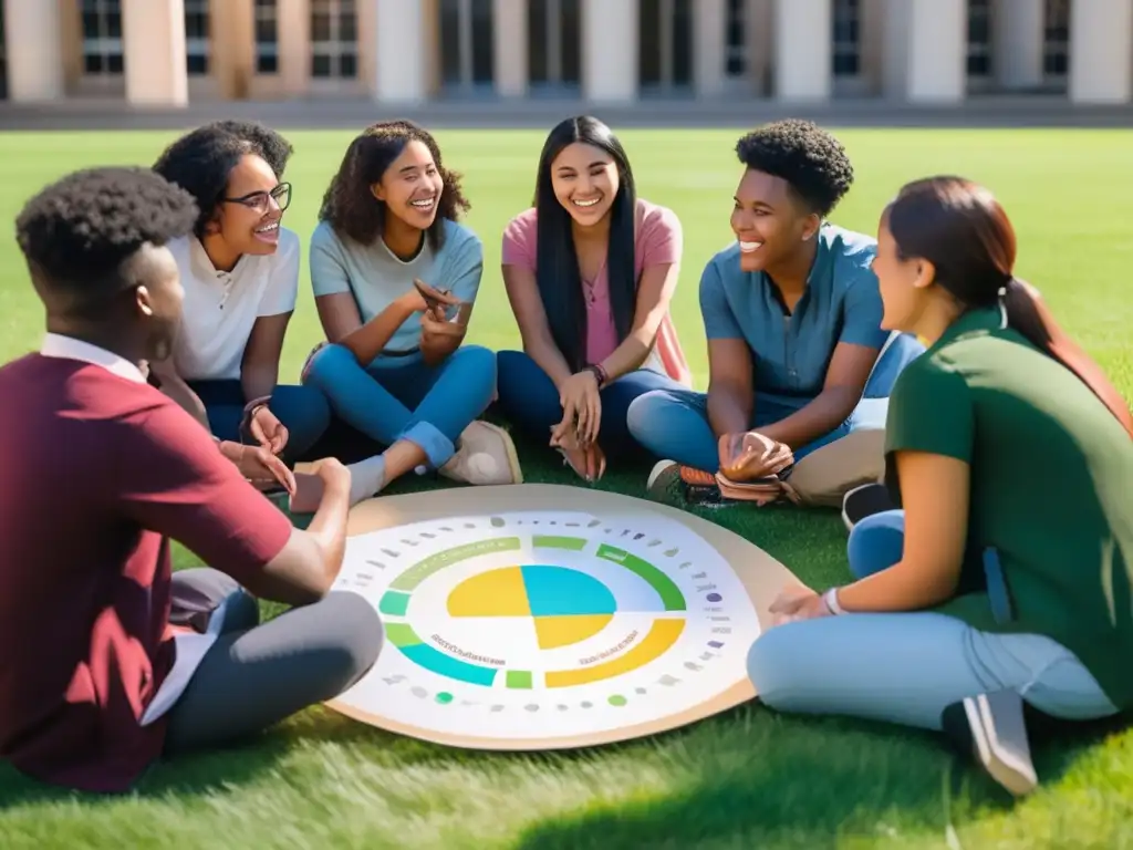 Un grupo vibrante y diverso de estudiantes, representando diferentes etnias y habilidades, se sienta en círculo en un campo verde frente a un edificio universitario