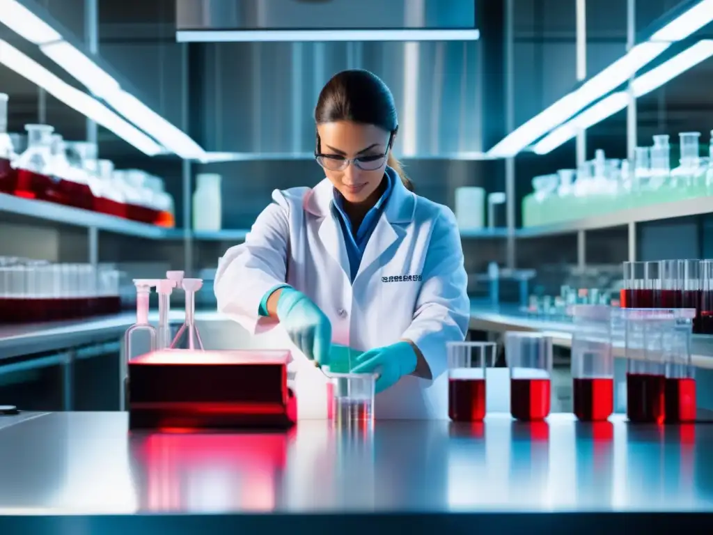 Un hábil químico vierte con precisión un líquido rojo vibrante de un matraz a otro en un laboratorio de química orgánica