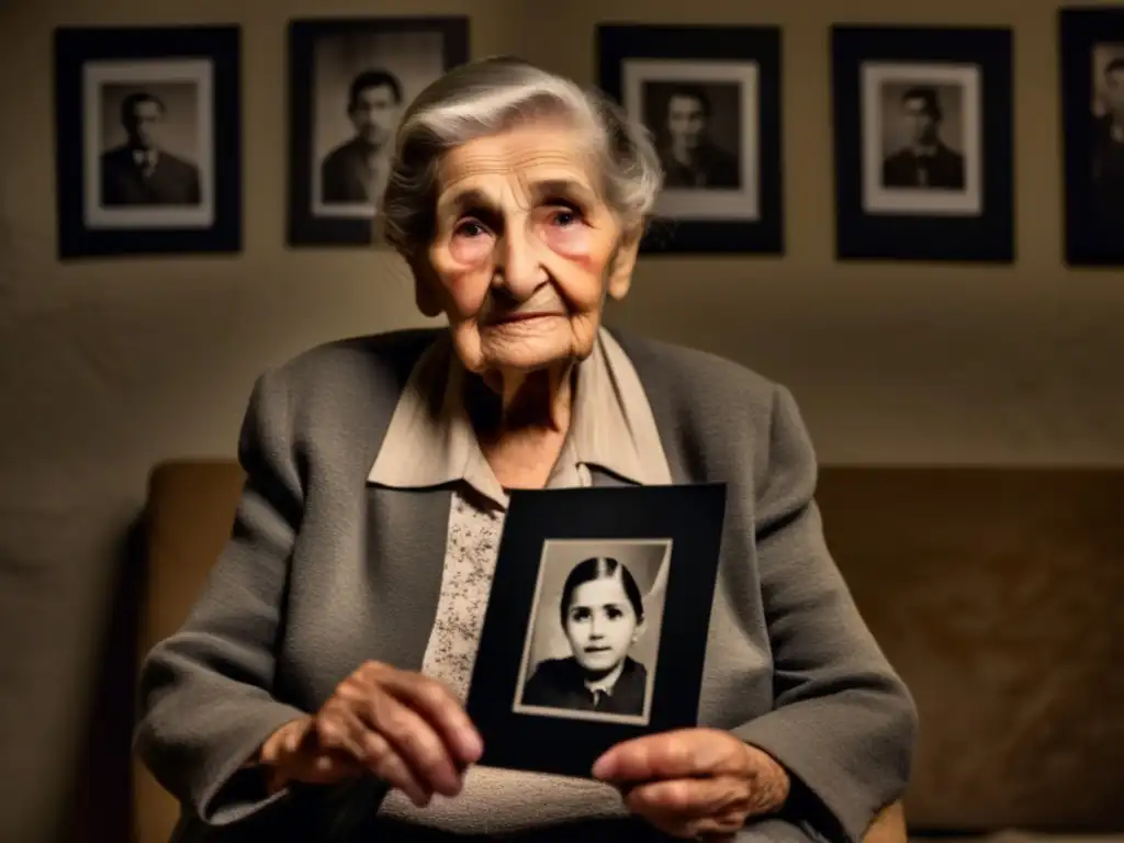 En una habitación tenue, una anciana superviviente del Holocausto sostiene una foto familiar en blanco y negro