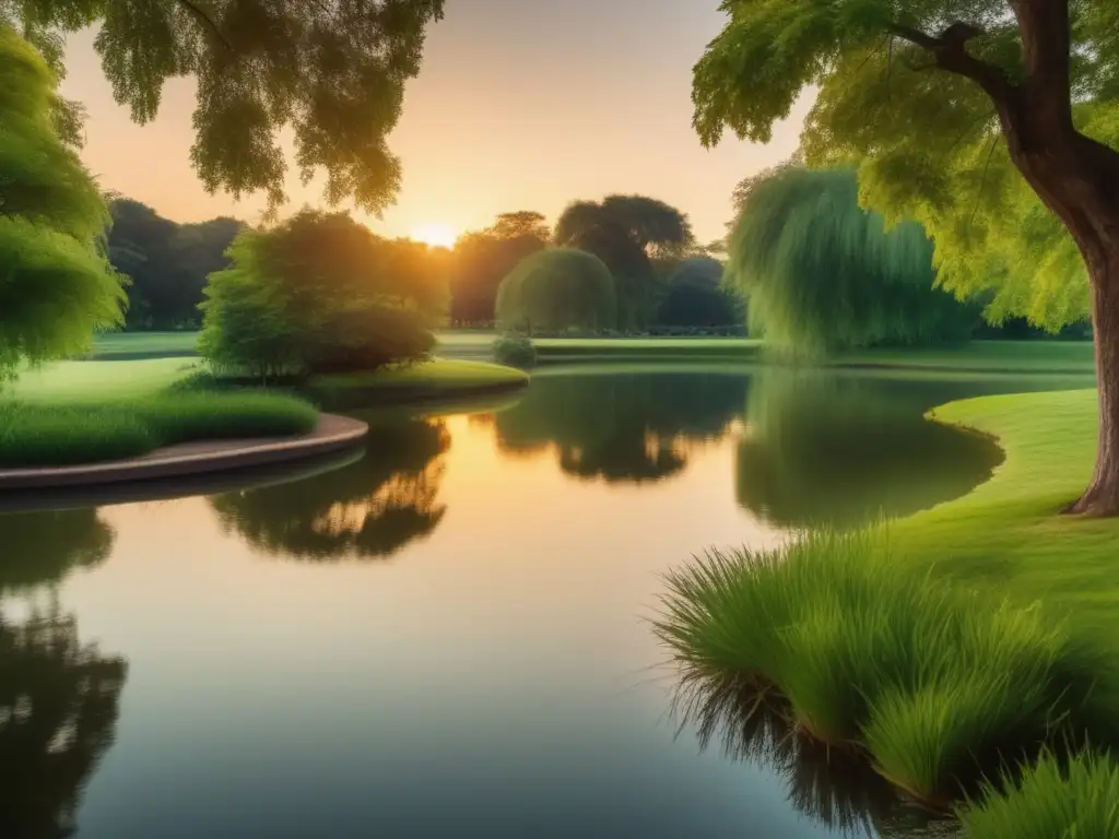 Una hermosa imagen detallada en 8k de un parque tranquilo al atardecer, con árboles frondosos rodeando un estanque sereno