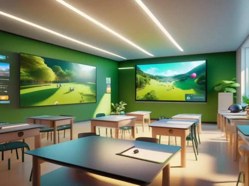 Una hermosa imagen ultradetallada en 8k muestra un aula moderna transformada por la tecnología de realidad aumentada
