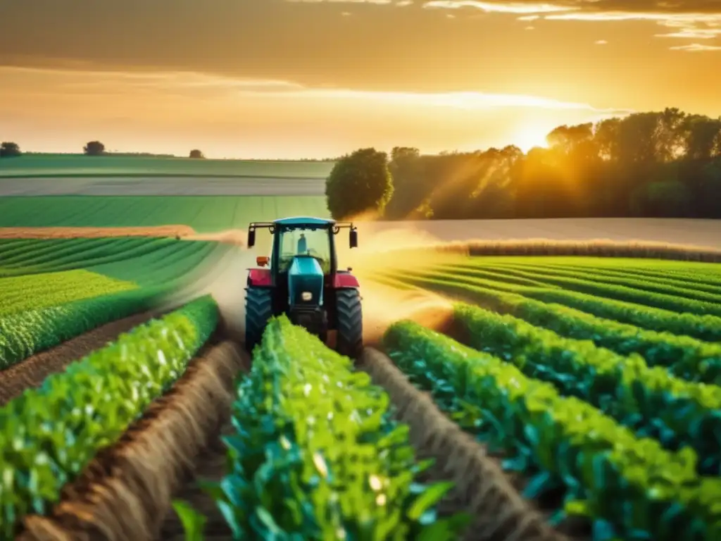 Un hermoso campo verde con cultivos, bañado por la luz dorada del sol