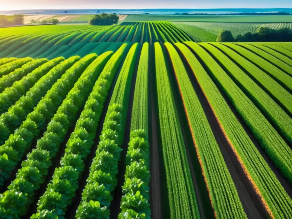 Un hermoso campo verde lleno de cultivos florecientes bajo el sol