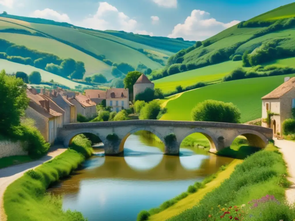 Un hermoso paisaje francés muestra un idílico pueblo rodeado de colinas verdes y un puente de piedra sobre un arroyo