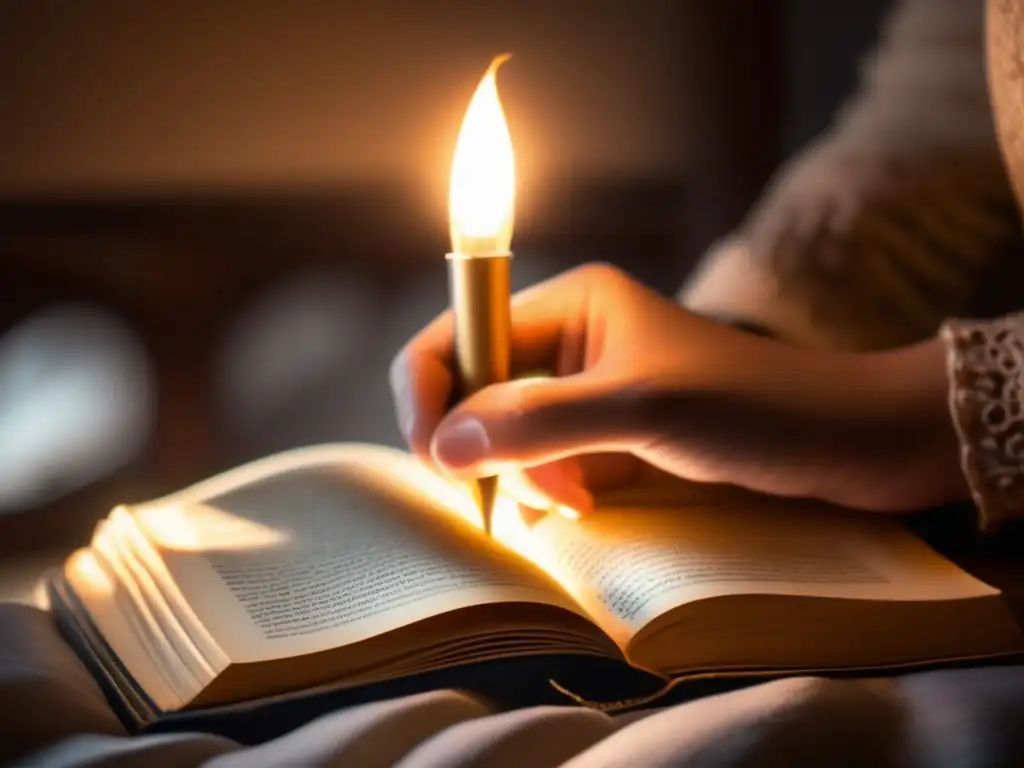 Un hermoso retrato de una mano girando con delicadeza las páginas de un libro antiguo, iluminado por la suave luz de una lámpara de lectura