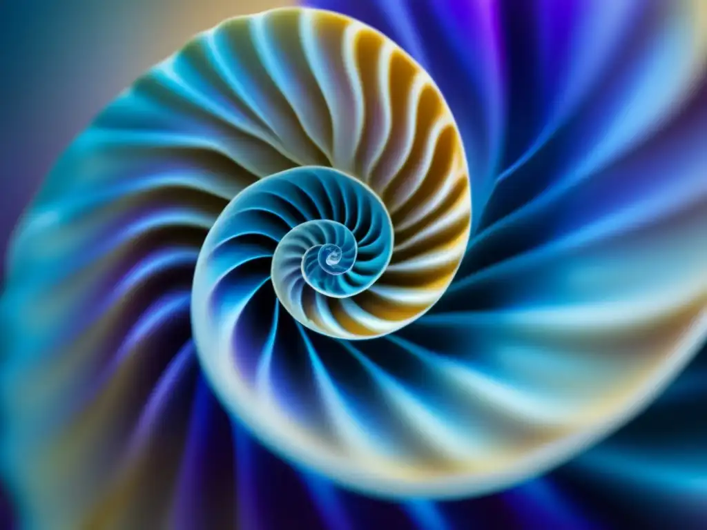 Una hipnótica concha de mar en espiral, con sus tonos azules y morados, revela la belleza matemática de la naturaleza y la teoría de Fibonacci