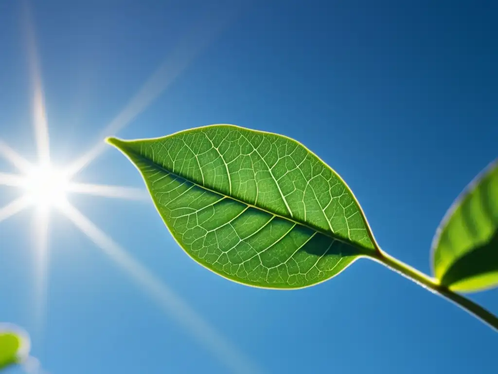 Una hoja verde vibrante, bañada por la luz solar, muestra la complejidad de la fotosíntesis