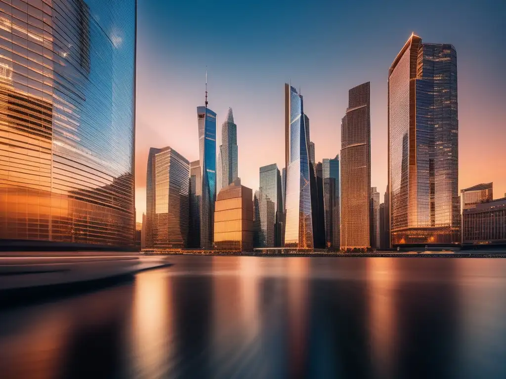 Un horizonte financiero moderno al atardecer, con rascacielos de cristal reflejando la luz dorada del sol