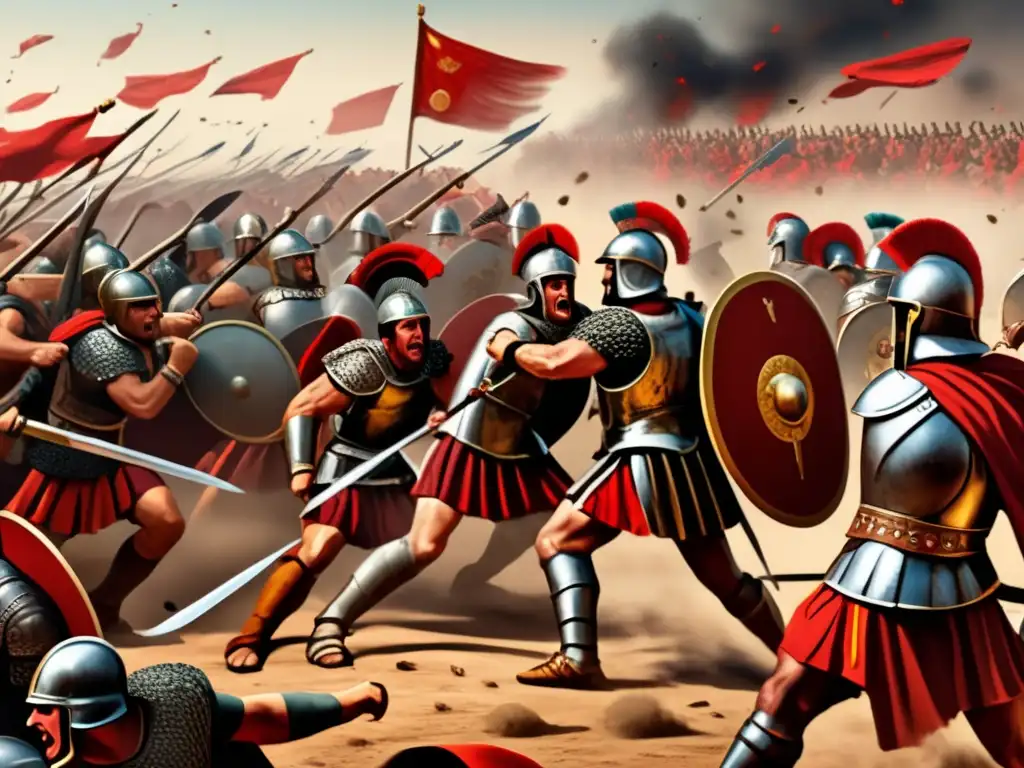 Una ilustración detallada de la Batalla de Cannae, con el intenso combate cuerpo a cuerpo entre las fuerzas romanas y cartaginesas