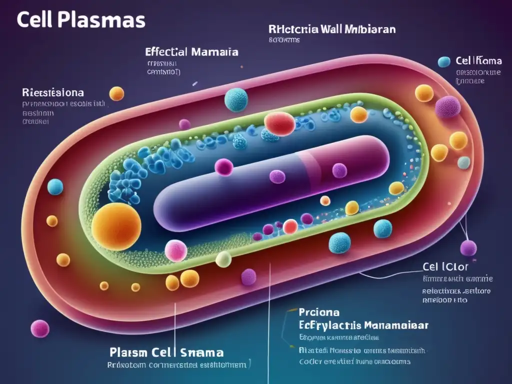 Una ilustración detallada de una célula bacteriana con componentes etiquetados, como la pared celular, membrana plasmática, citoplasma y ribosomas