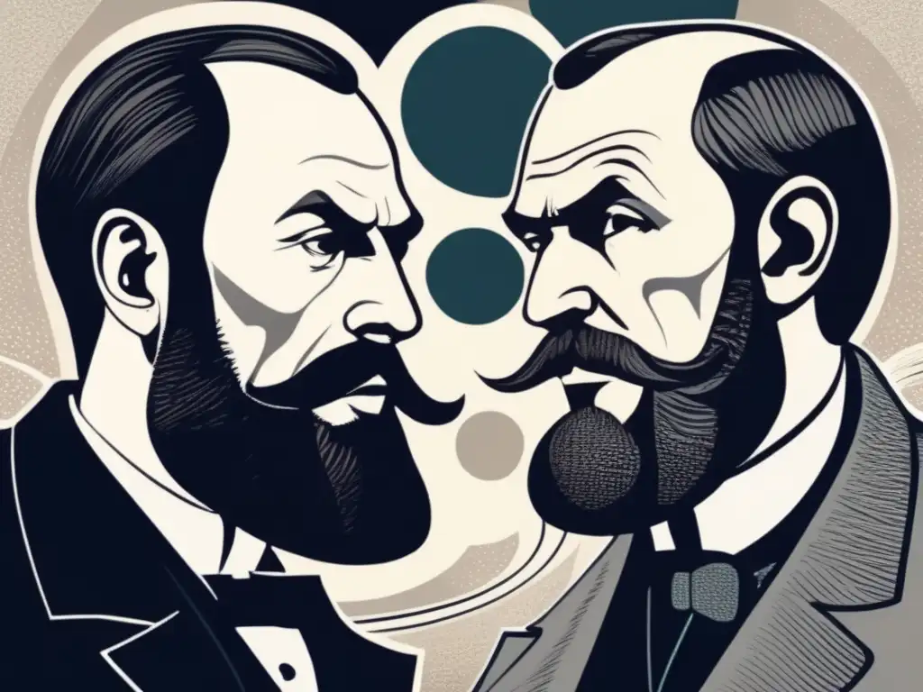 Una ilustración detallada de Dostoievski y Tolstoy inmersos en profunda conversación, con expresiones intensas y pensativas