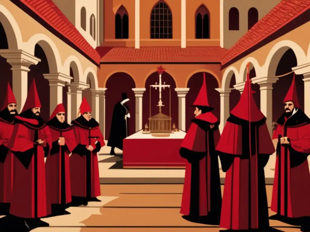 Una ilustración detallada y moderna de la Inquisición Española, con el Gran Inquisidor, interrogatorios e arquitectura histórica en tonos rojos, marrones y negros
