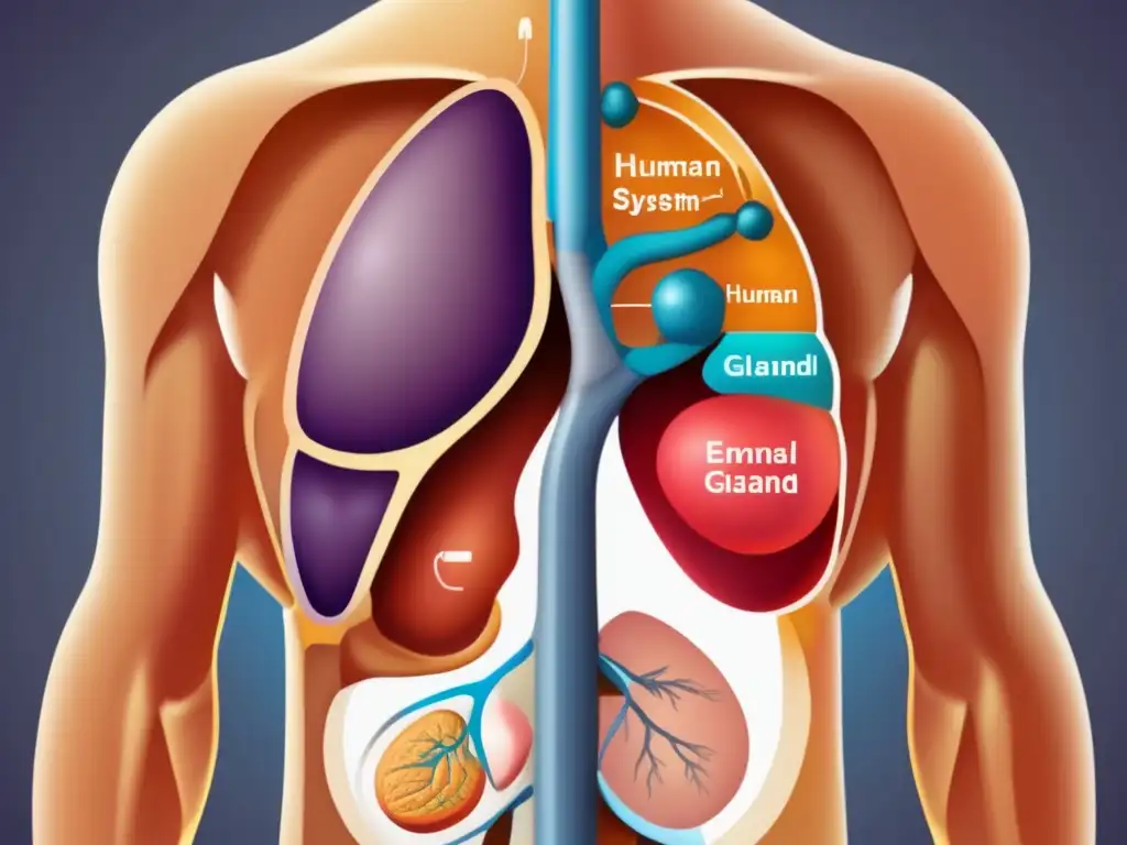 Una ilustración detallada y moderna del sistema endocrino humano, resaltando las glándulas y su interconexión