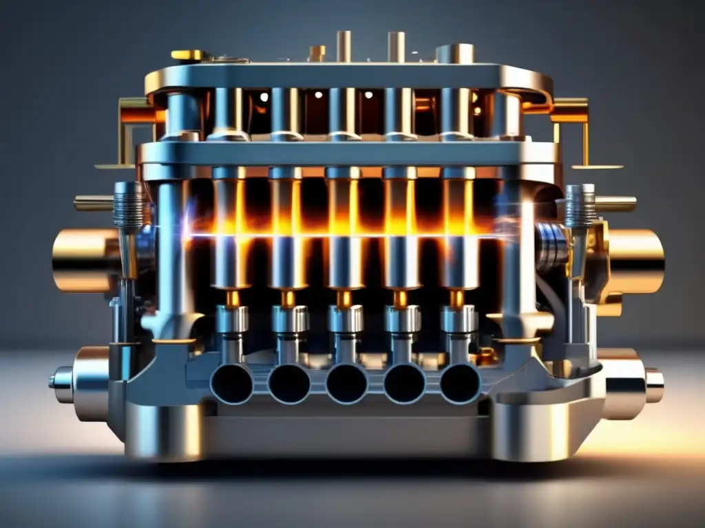 Una ilustración detallada de un motor de combustión interna moderno, resaltando la red intrincada de componentes interconectados como pistones, válvulas e inyectores de combustible
