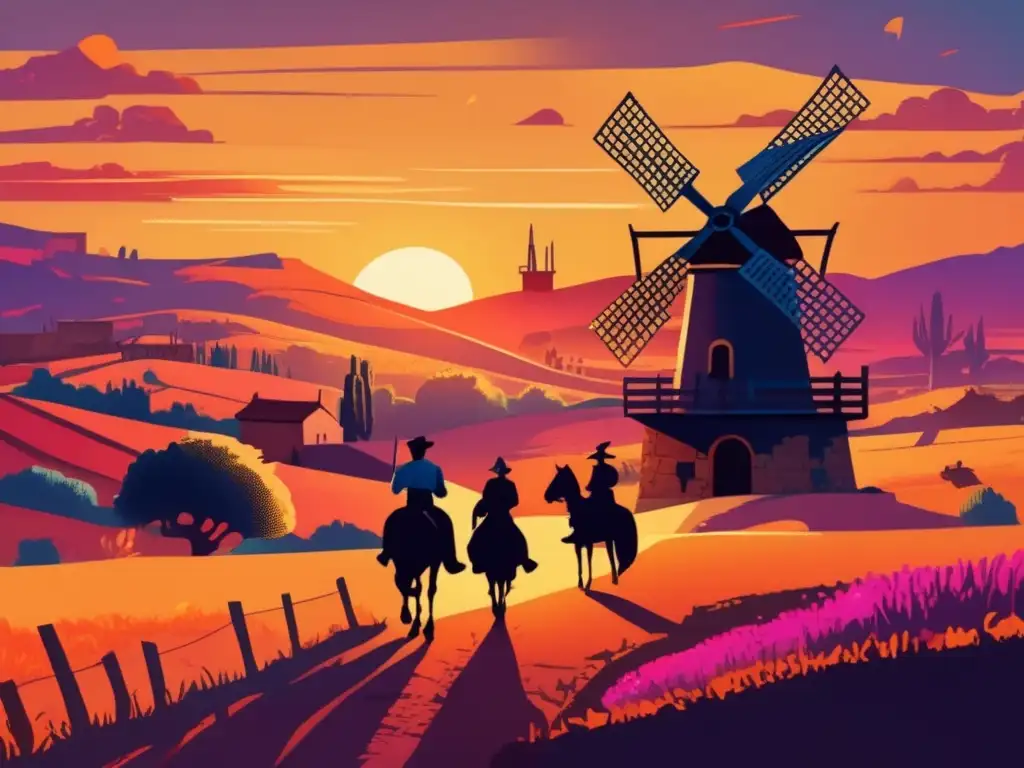 Una ilustración digital de 8k detalla un paisaje español con molinos de viento, Don Quijote y Sancho Panza a caballo al atardecer