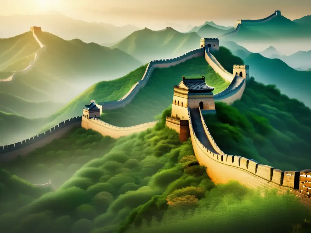 Una ilustración digital serena y moderna de la Gran Muralla China, se extiende a lo largo de un paisaje montañoso brumoso