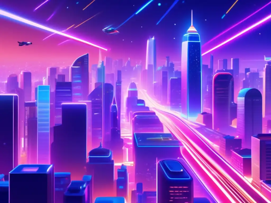 Una ilustración digital ultradetallada en 8k de una vibrante y bulliciosa ciudad nocturna, con rascacielos futuristas que se elevan hacia el cielo estrellado