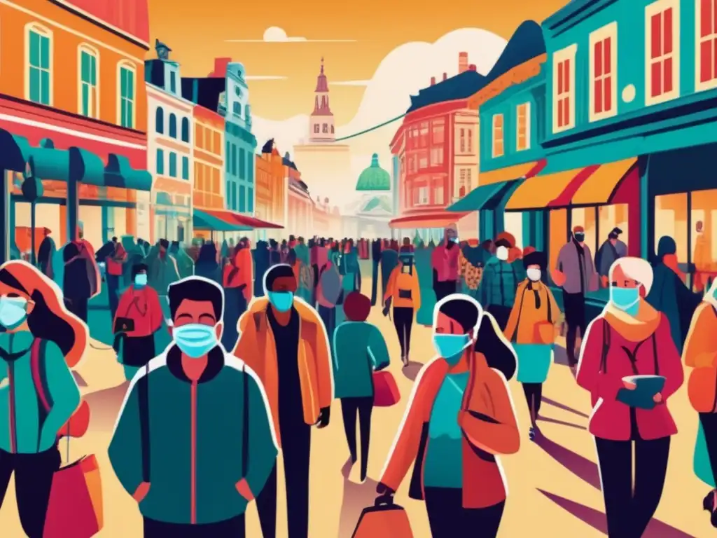 Una ilustración moderna de una ciudad europea durante una epidemia histórica