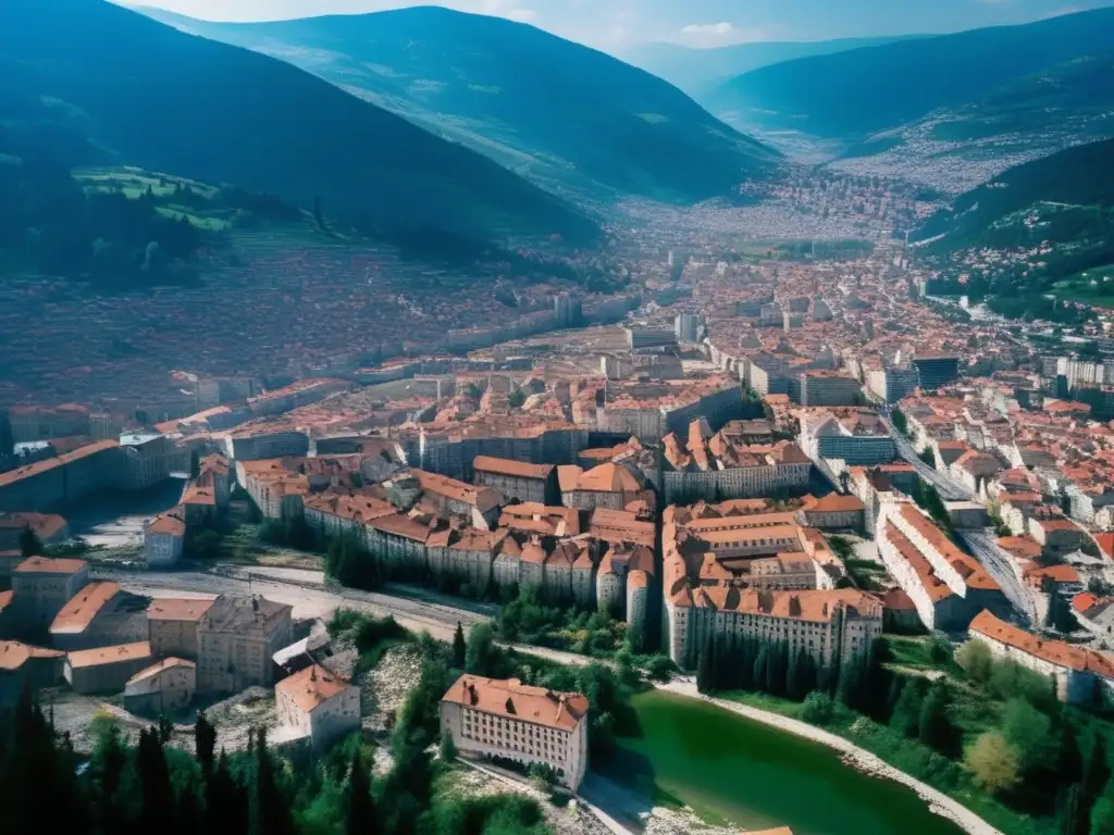 Una imagen aérea conmovedora de la devastada ciudad de Sarajevo, mostrando edificios llenos de balas junto a las serenas montañas