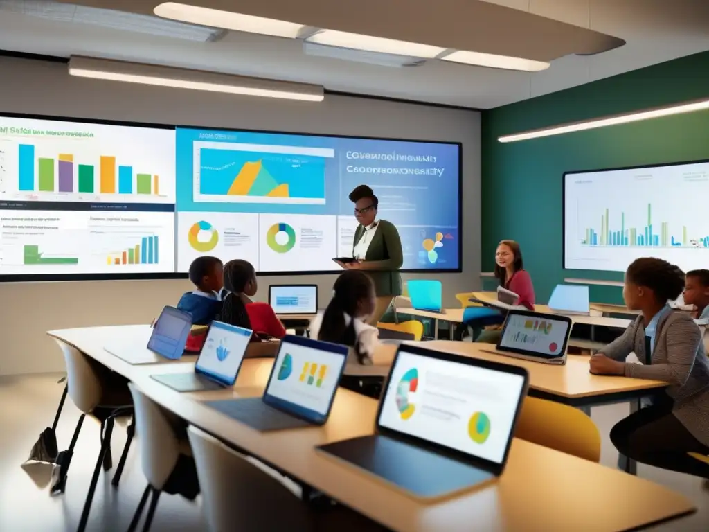 Clase moderna: tecnología, colaboración y aprendizaje personalizado Una imagen de alta resolución que muestra una aula moderna llena de estudiantes comprometidos en diversas actividades educativas
