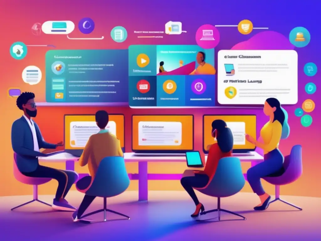 Una imagen de alta resolución que muestra un aula virtual moderna para el aprendizaje de idiomas en línea